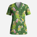 Australia Budgerigars Parakeets Scrub Top Green And Yellow Bird Seamless Orchids Flowers