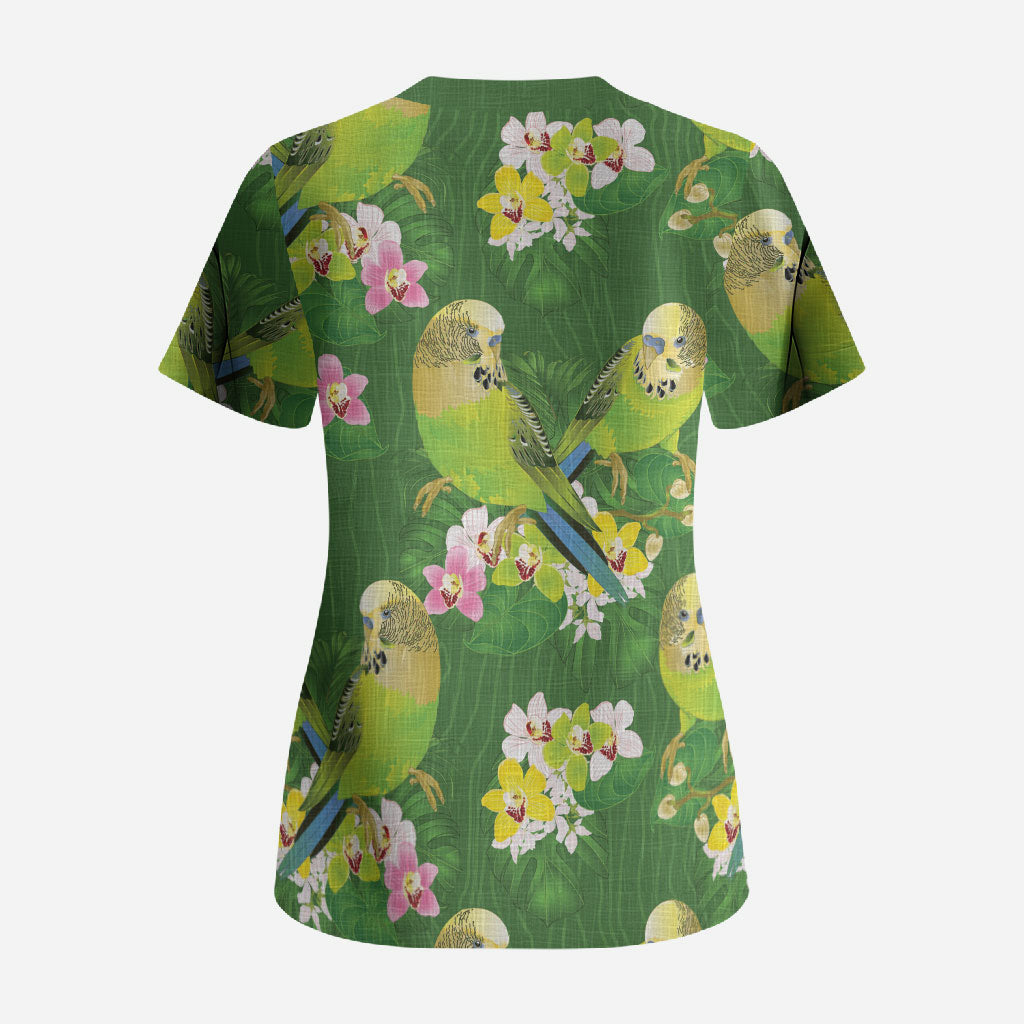 Australia Budgerigars Parakeets Scrub Top Green And Yellow Bird Seamless Orchids Flowers