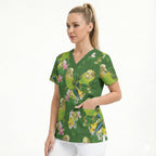 Australia Budgerigars Parakeets Scrub Top Green And Yellow Bird Seamless Orchids Flowers