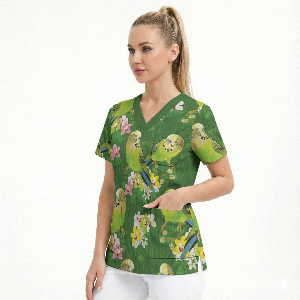 Australia Budgerigars Parakeets Scrub Top Green And Yellow Bird Seamless Orchids Flowers