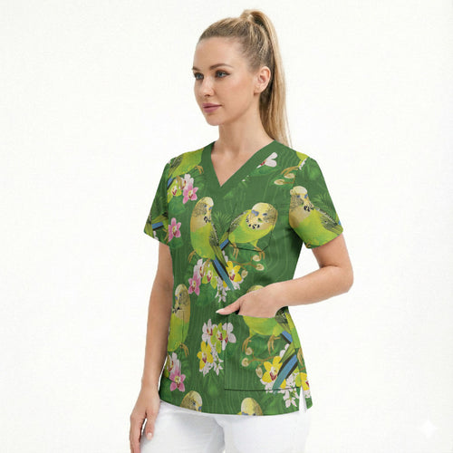 Australia Budgerigars Parakeets Scrub Top Green And Yellow Bird Seamless Orchids Flowers