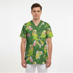 Australia Budgerigars Parakeets Scrub Top Green And Yellow Bird Seamless Orchids Flowers