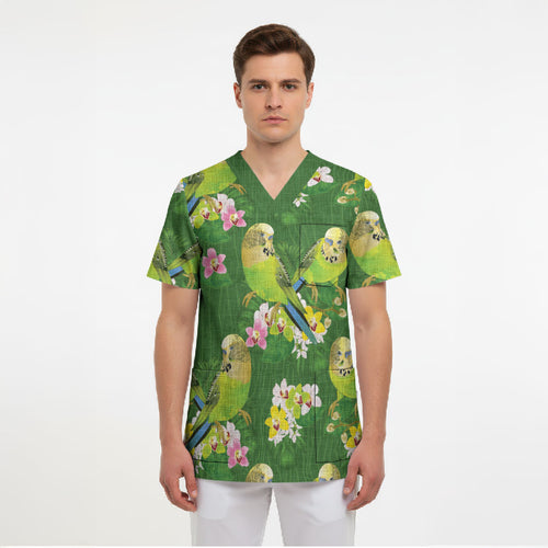 Australia Budgerigars Parakeets Scrub Top Green And Yellow Bird Seamless Orchids Flowers