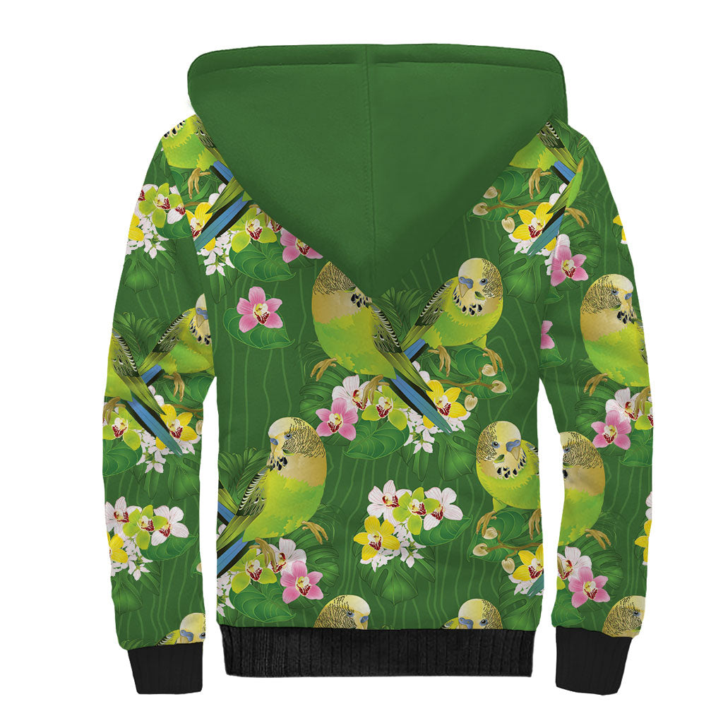 Australia Budgerigars Parakeets Sherpa Hoodie Green And Yellow Bird Seamless Orchids Flowers