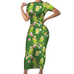 Australia Budgerigars Parakeets Short Sleeve Bodycon Dress Green And Yellow Bird Seamless Orchids Flowers