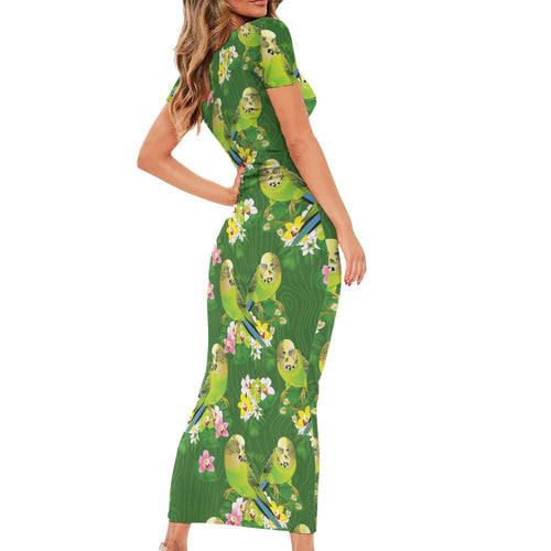 Australia Budgerigars Parakeets Short Sleeve Bodycon Dress Green And Yellow Bird Seamless Orchids Flowers