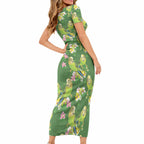Australia Budgerigars Parakeets Short Sleeve Bodycon Dress Green And Yellow Bird Seamless Orchids Flowers LT9