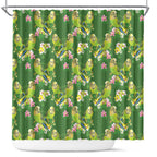Australia Budgerigars Parakeets Shower Curtain Green And Yellow Bird Seamless Orchids Flowers