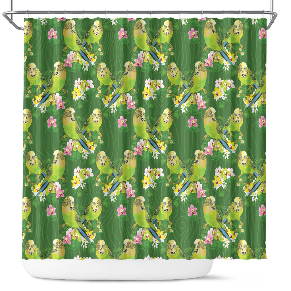 Australia Budgerigars Parakeets Shower Curtain Green And Yellow Bird Seamless Orchids Flowers