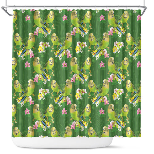 Australia Budgerigars Parakeets Shower Curtain Green And Yellow Bird Seamless Orchids Flowers