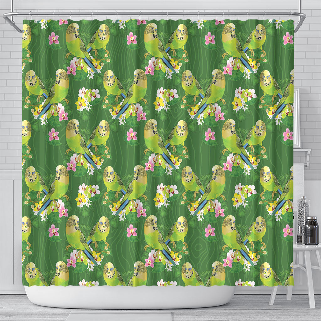 Australia Budgerigars Parakeets Shower Curtain Green And Yellow Bird Seamless Orchids Flowers