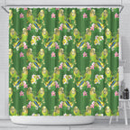 Australia Budgerigars Parakeets Shower Curtain Green And Yellow Bird Seamless Orchids Flowers