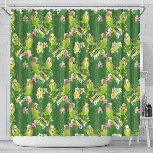 Australia Budgerigars Parakeets Shower Curtain Green And Yellow Bird Seamless Orchids Flowers
