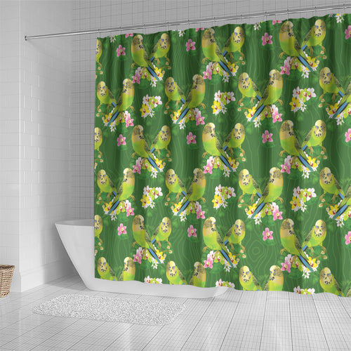 Australia Budgerigars Parakeets Shower Curtain Green And Yellow Bird Seamless Orchids Flowers