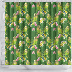 Australia Budgerigars Parakeets Shower Curtain Green And Yellow Bird Seamless Orchids Flowers