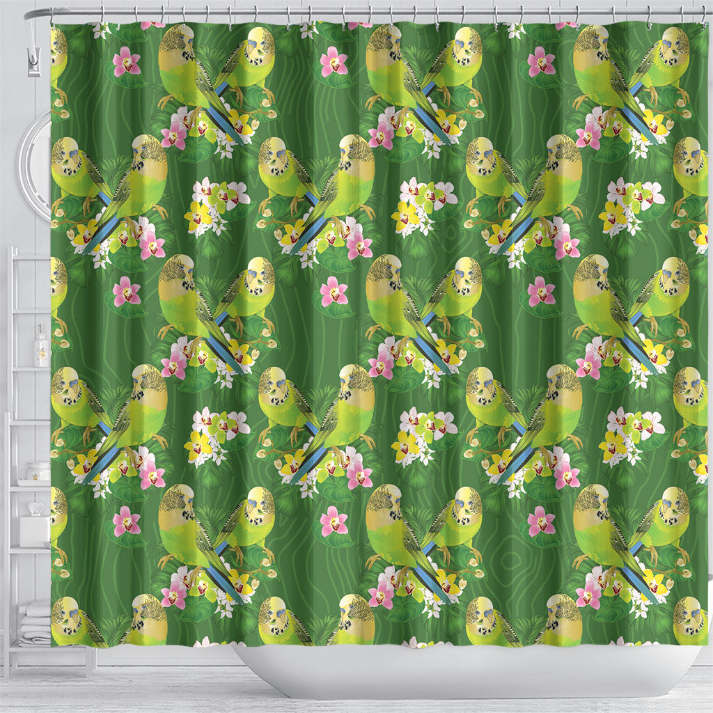 Australia Budgerigars Parakeets Shower Curtain Green And Yellow Bird Seamless Orchids Flowers