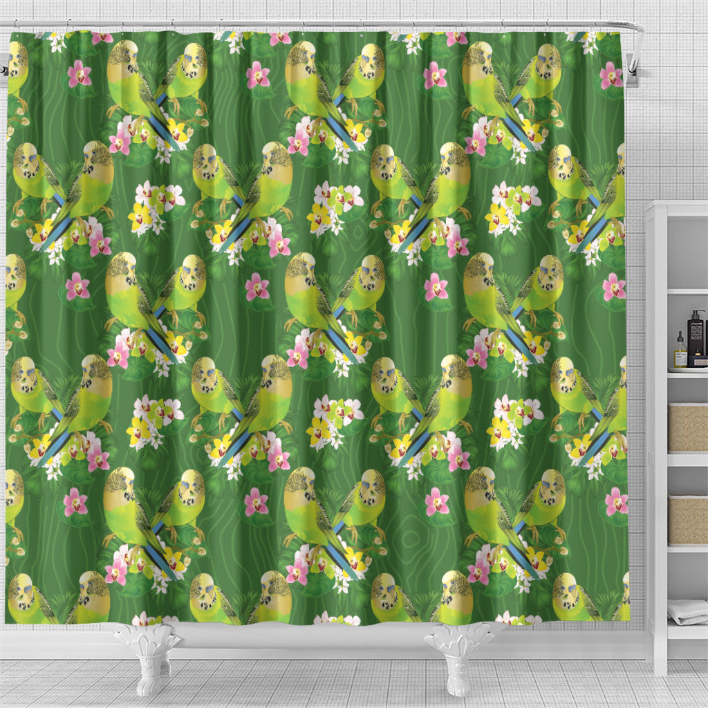Australia Budgerigars Parakeets Shower Curtain Green And Yellow Bird Seamless Orchids Flowers