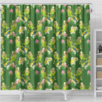 Australia Budgerigars Parakeets Shower Curtain Green And Yellow Bird Seamless Orchids Flowers