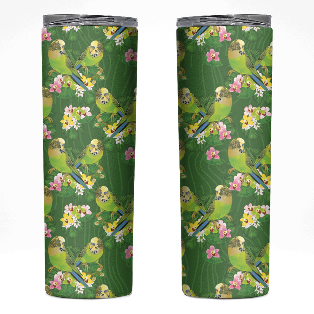 Australia Budgerigars Parakeets Skinny Tumbler Green And Yellow Bird Seamless Orchids Flowers