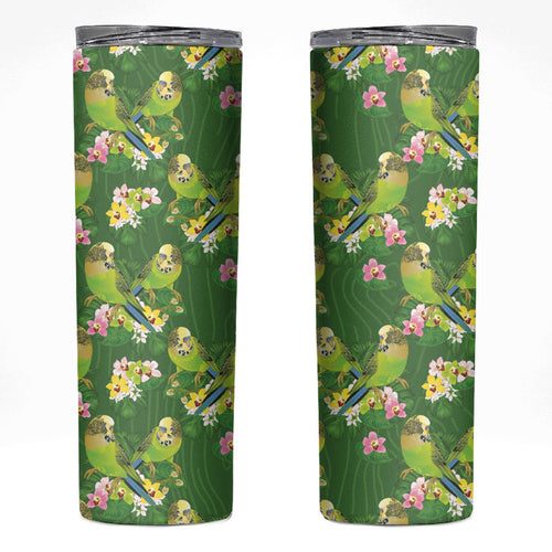 Australia Budgerigars Parakeets Skinny Tumbler Green And Yellow Bird Seamless Orchids Flowers