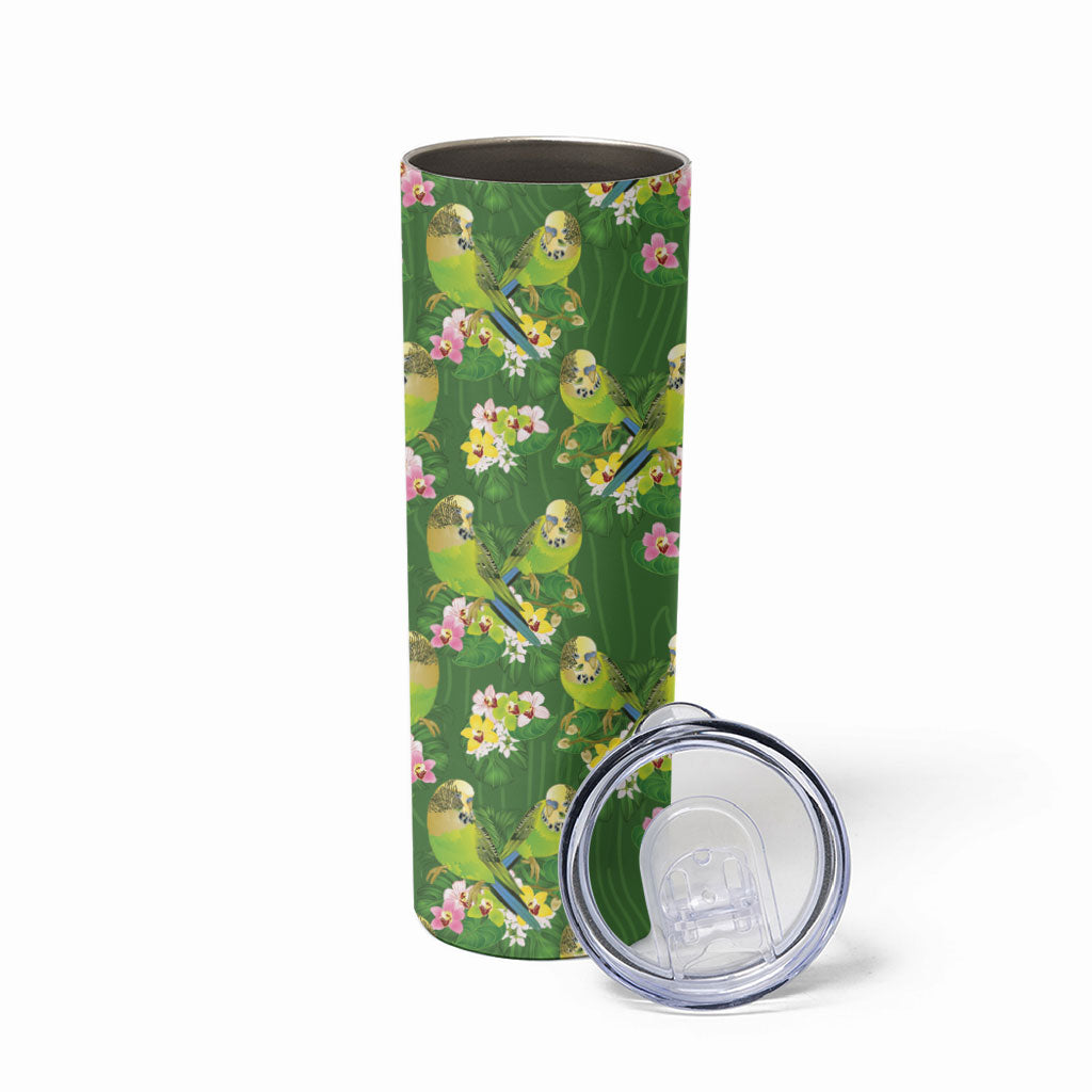 Australia Budgerigars Parakeets Skinny Tumbler Green And Yellow Bird Seamless Orchids Flowers