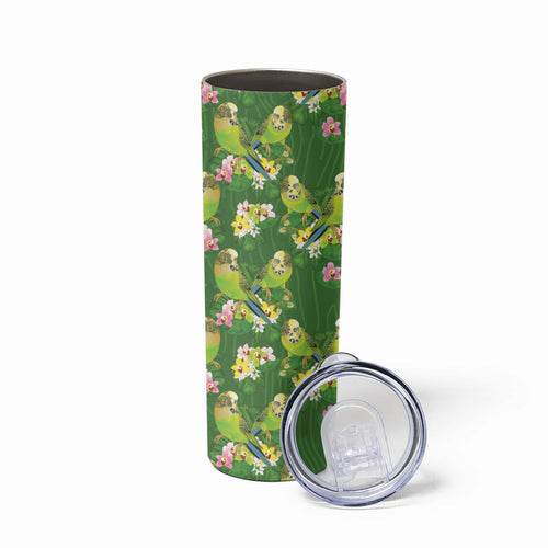 Australia Budgerigars Parakeets Skinny Tumbler Green And Yellow Bird Seamless Orchids Flowers
