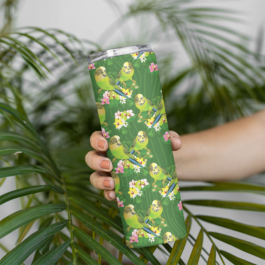 Australia Budgerigars Parakeets Skinny Tumbler Green And Yellow Bird Seamless Orchids Flowers