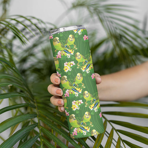 Australia Budgerigars Parakeets Skinny Tumbler Green And Yellow Bird Seamless Orchids Flowers