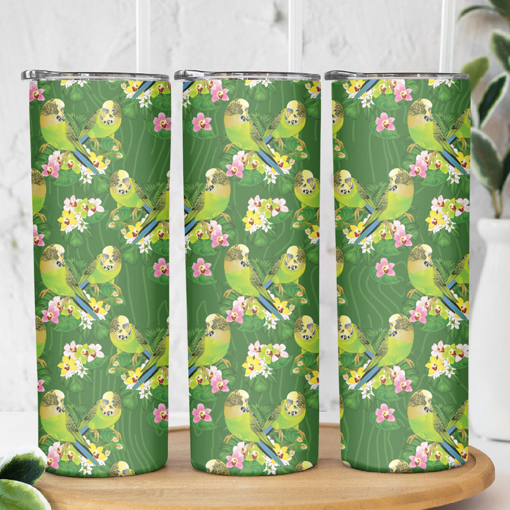 Australia Budgerigars Parakeets Skinny Tumbler Green And Yellow Bird Seamless Orchids Flowers