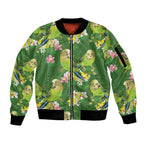 Australia Budgerigars Parakeets Sleeve Zip Bomber Jacket Green And Yellow Bird Seamless Orchids Flowers