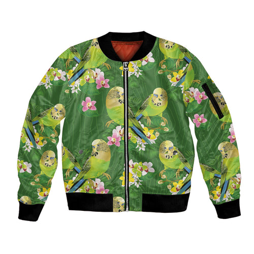 Australia Budgerigars Parakeets Sleeve Zip Bomber Jacket Green And Yellow Bird Seamless Orchids Flowers