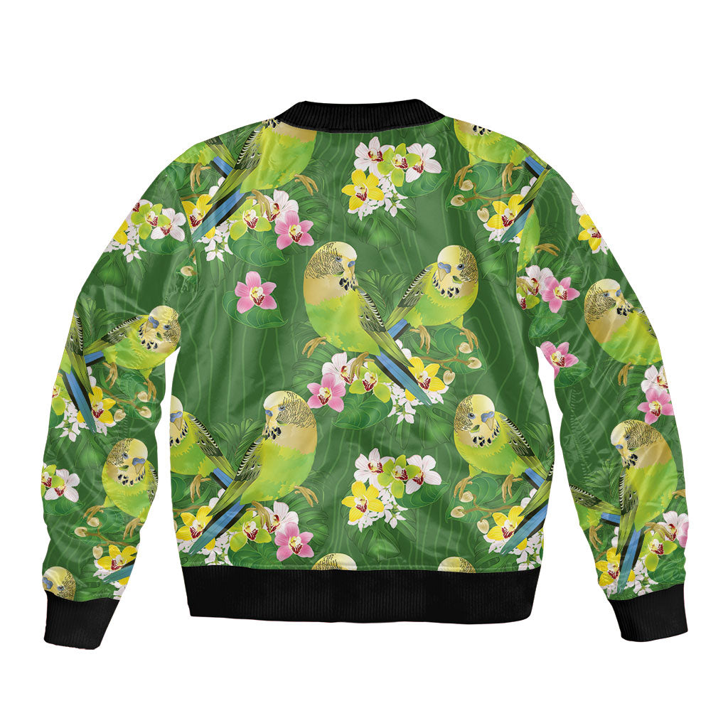 Australia Budgerigars Parakeets Sleeve Zip Bomber Jacket Green And Yellow Bird Seamless Orchids Flowers