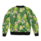 Australia Budgerigars Parakeets Sleeve Zip Bomber Jacket Green And Yellow Bird Seamless Orchids Flowers