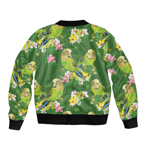 Australia Budgerigars Parakeets Sleeve Zip Bomber Jacket Green And Yellow Bird Seamless Orchids Flowers