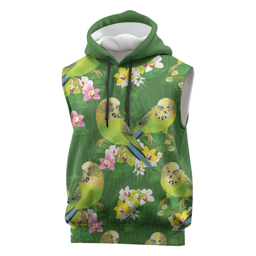 Australia Budgerigars Parakeets Sleeveless Hoodie Green And Yellow Bird Seamless Orchids Flowers