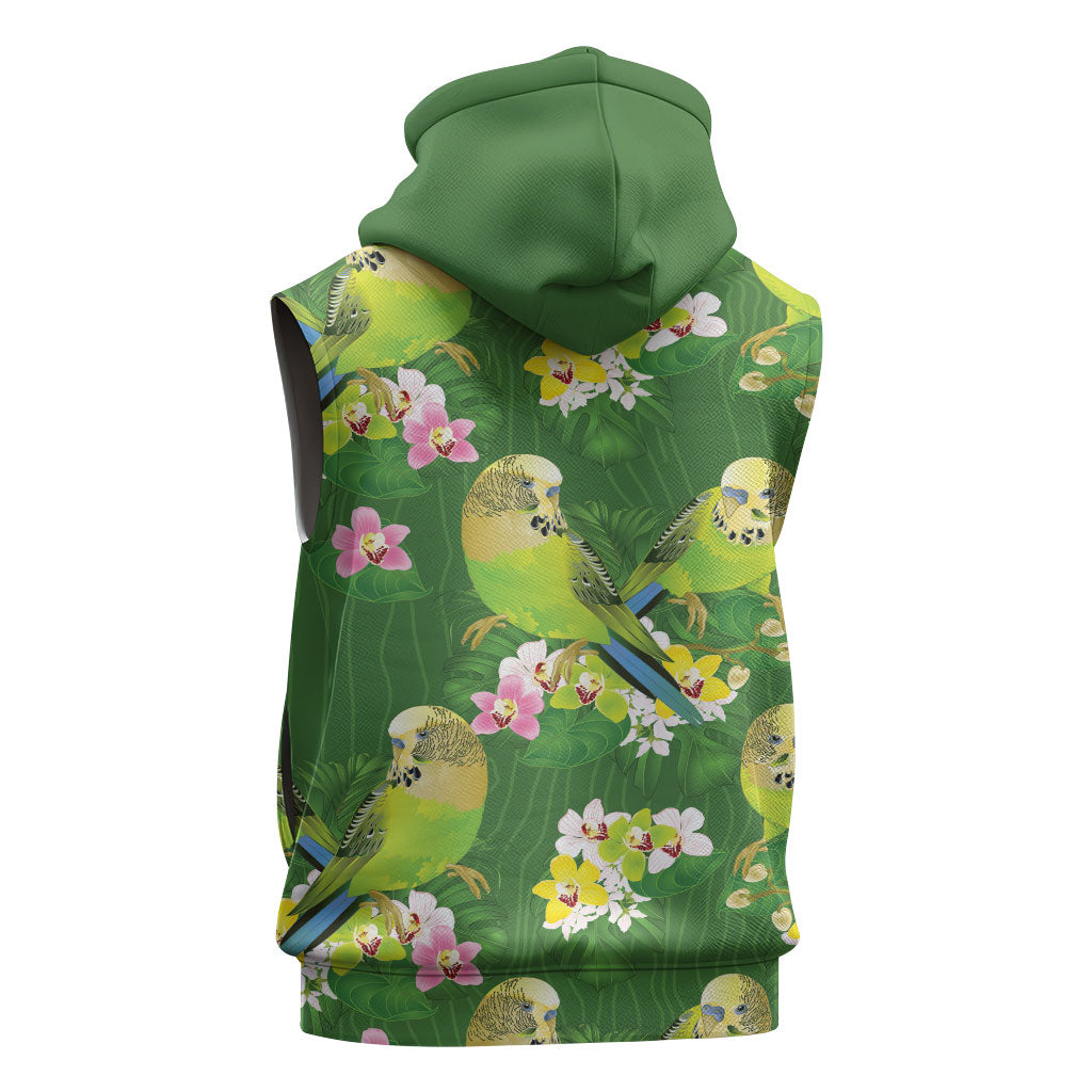 Australia Budgerigars Parakeets Sleeveless Hoodie Green And Yellow Bird Seamless Orchids Flowers