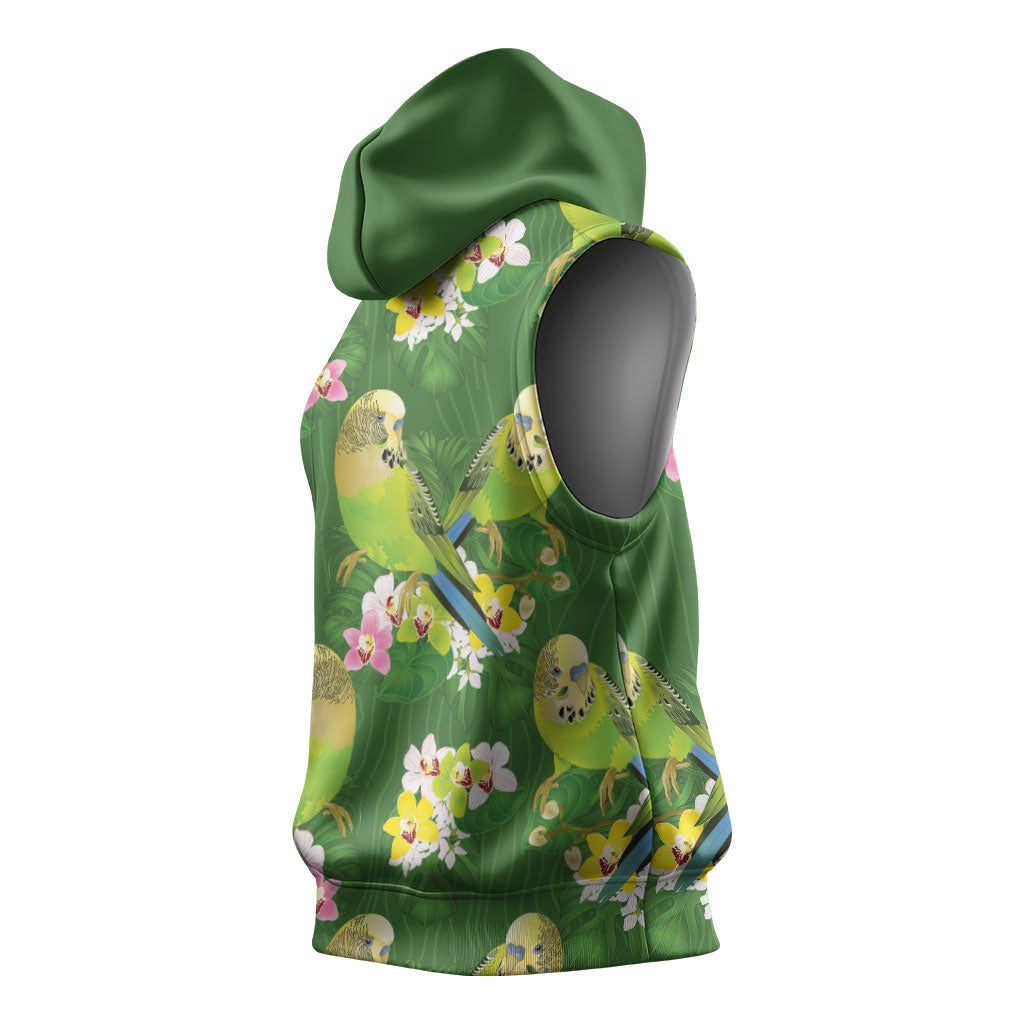 Australia Budgerigars Parakeets Sleeveless Hoodie Green And Yellow Bird Seamless Orchids Flowers