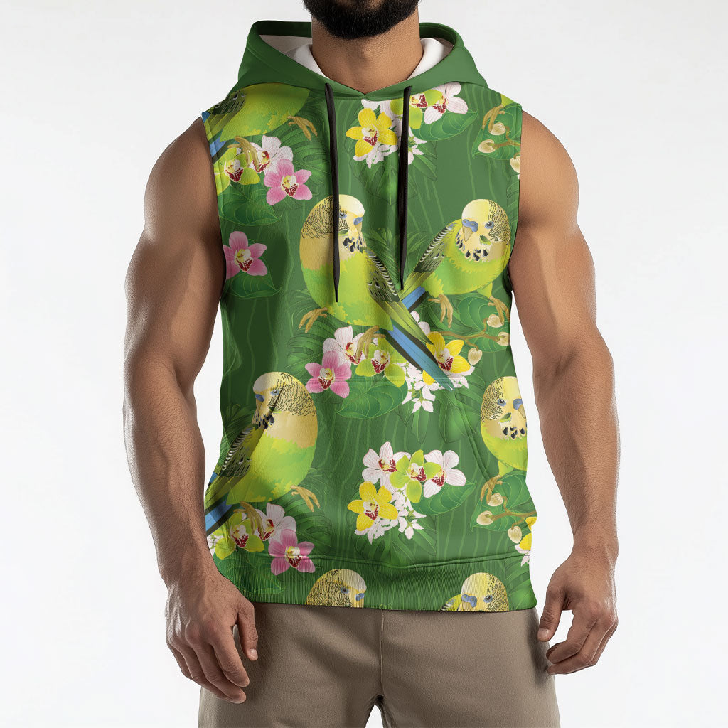 Australia Budgerigars Parakeets Sleeveless Hoodie Green And Yellow Bird Seamless Orchids Flowers