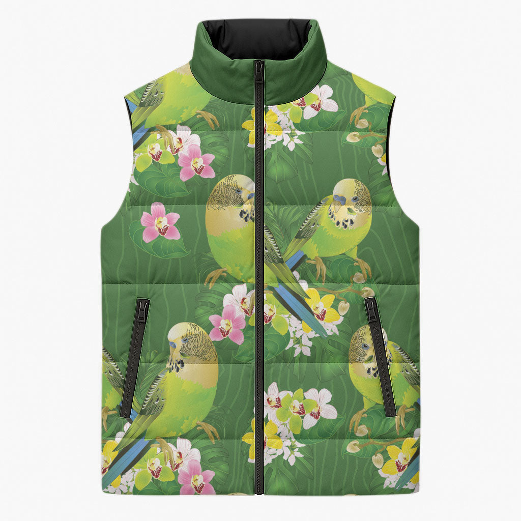 Australia Budgerigars Parakeets Sleeveless Puffer Jacket Green And Yellow Bird Seamless Orchids Flowers