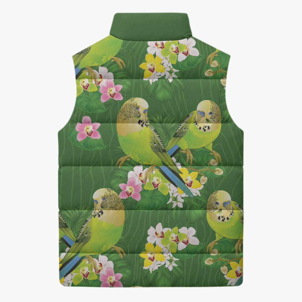 Australia Budgerigars Parakeets Sleeveless Puffer Jacket Green And Yellow Bird Seamless Orchids Flowers