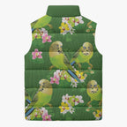 Australia Budgerigars Parakeets Sleeveless Puffer Jacket Green And Yellow Bird Seamless Orchids Flowers