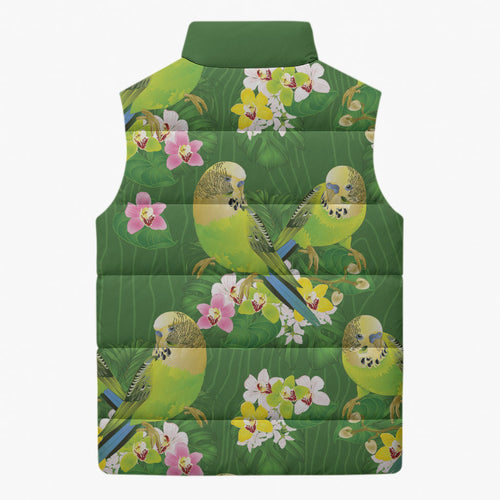 Australia Budgerigars Parakeets Sleeveless Puffer Jacket Green And Yellow Bird Seamless Orchids Flowers