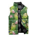 Australia Budgerigars Parakeets Sleeveless Puffer Jacket Green And Yellow Bird Seamless Orchids Flowers