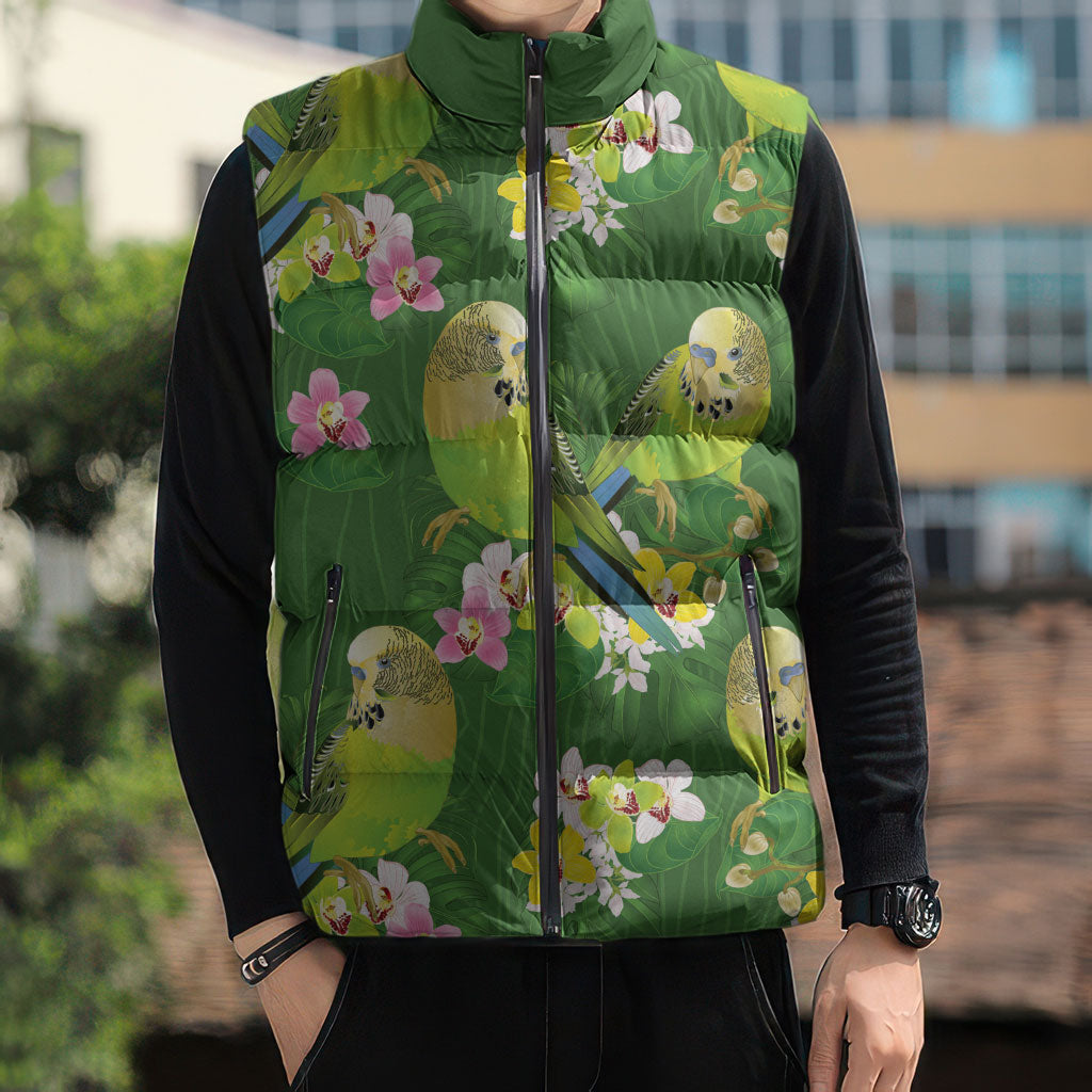Australia Budgerigars Parakeets Sleeveless Puffer Jacket Green And Yellow Bird Seamless Orchids Flowers