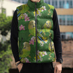 Australia Budgerigars Parakeets Sleeveless Puffer Jacket Green And Yellow Bird Seamless Orchids Flowers