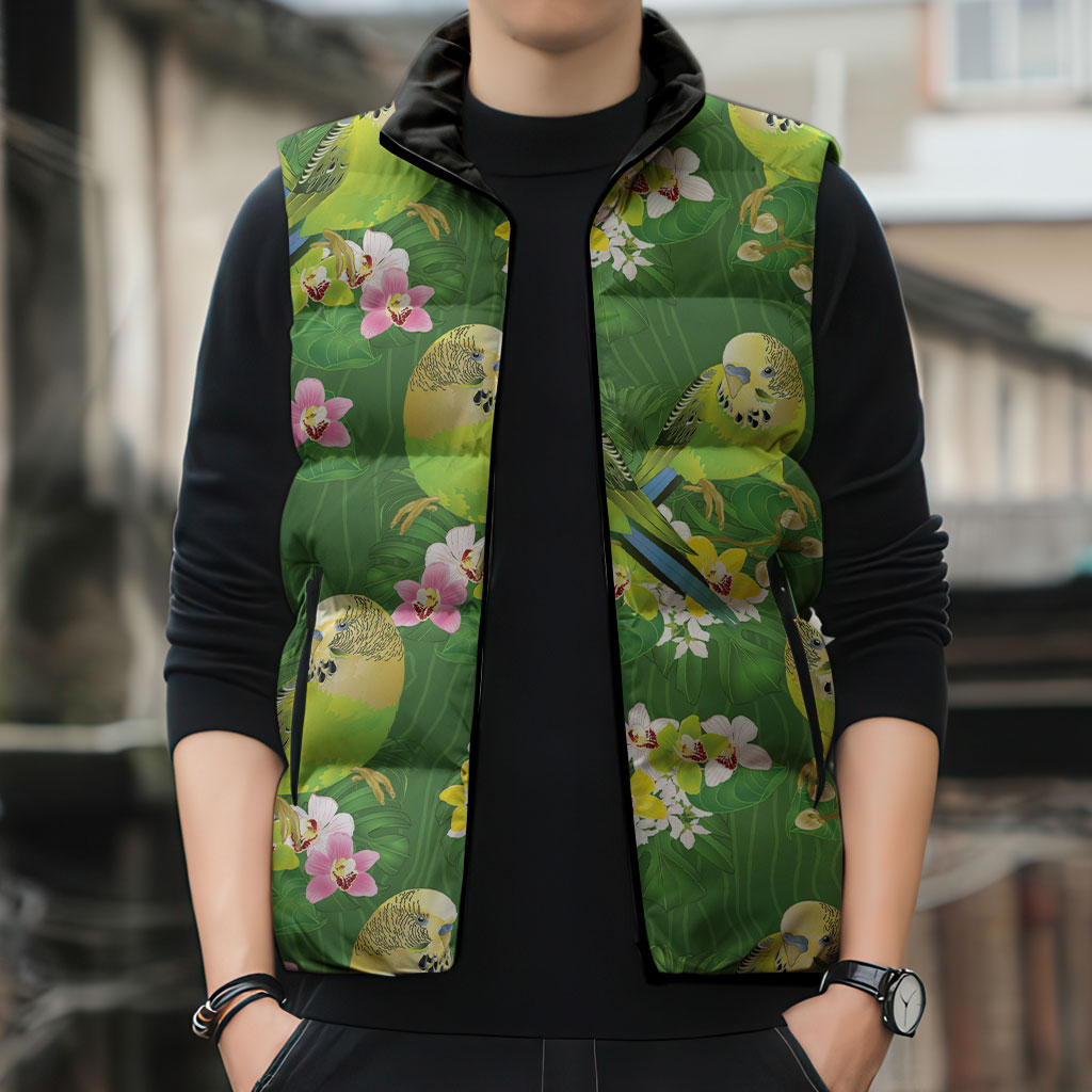 Australia Budgerigars Parakeets Sleeveless Puffer Jacket Green And Yellow Bird Seamless Orchids Flowers