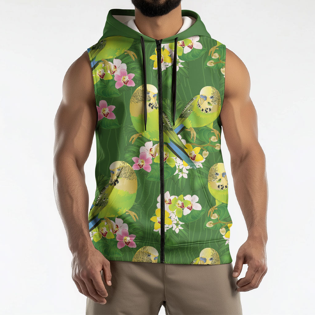 Australia Budgerigars Parakeets Sleeveless Zip Hoodie Green And Yellow Bird Seamless Orchids Flowers