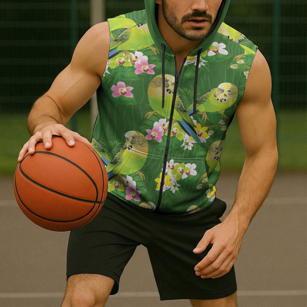 Australia Budgerigars Parakeets Sleeveless Zip Hoodie Green And Yellow Bird Seamless Orchids Flowers