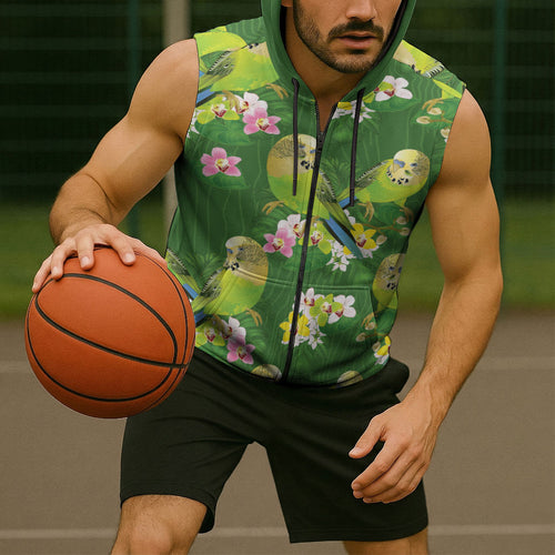 Australia Budgerigars Parakeets Sleeveless Zip Hoodie Green And Yellow Bird Seamless Orchids Flowers