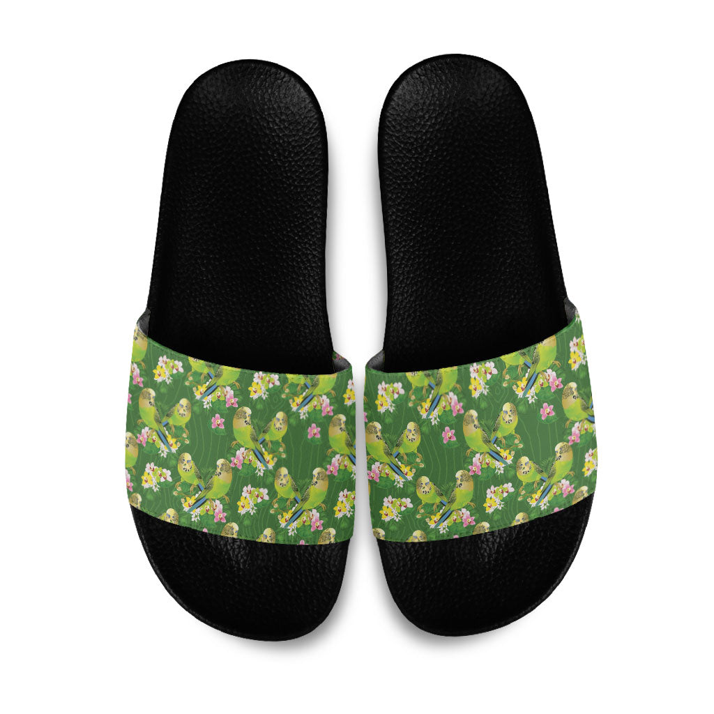 Australia Budgerigars Parakeets Slide Sandals Green And Yellow Bird Seamless Orchids Flowers